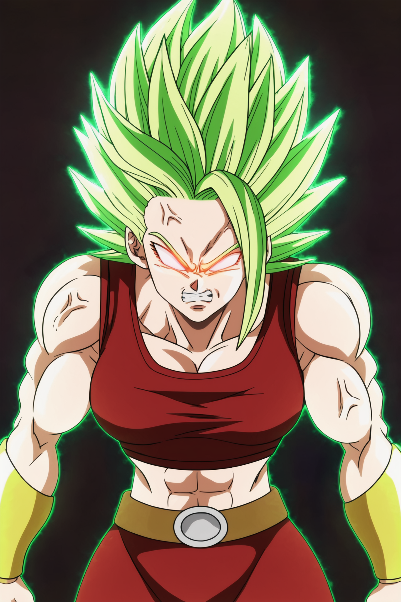 source_anime, score_9, score_8_up, score_7_up, anime screencap,8k, absurd res,
kale\(berserk\), 1girl, solo, breasts, navel, cleavage, green hair, teeth, midriff, belt, red crop top, muscular, glowing, abs, red tank top, spiked hair, clenched teeth, glowing eyes, anger vein, angry, veins, muscular female, aura, no pupils, super saiyan
 <lora:kale_pony_v3:0.8>