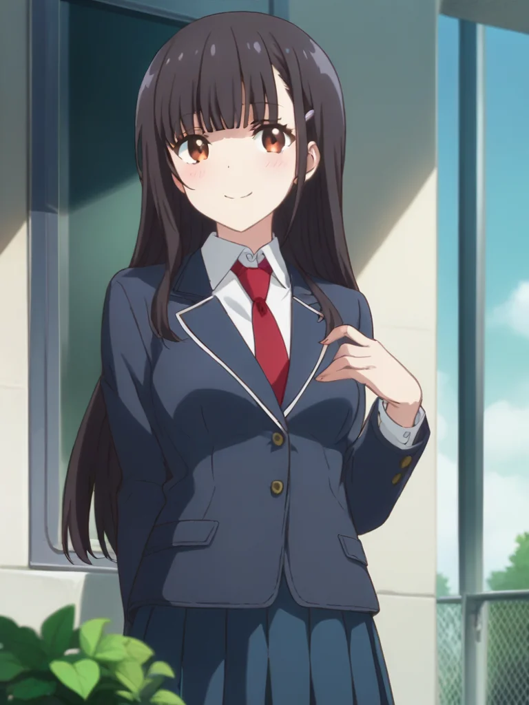 score_9,score_8_up,score_7_up,score_6_up BREAK official art,solo,outdoors,upper body,(portrait:1.5),looking at viewer,facing viewer,smile,blush,Yume Irido,long hair,black hair,hair ornament,hairclip,sidelocks,blunt bangs,brown eyes,school uniform,black jacket,blazer,wing collar,red necktie,collared shirt,white shirt,long sleeves,medium breasts,blue skirt,pleated skirt,brown pantyhose,loafers,<lora:Yume Irido(mtm)-Pony:1.8>,