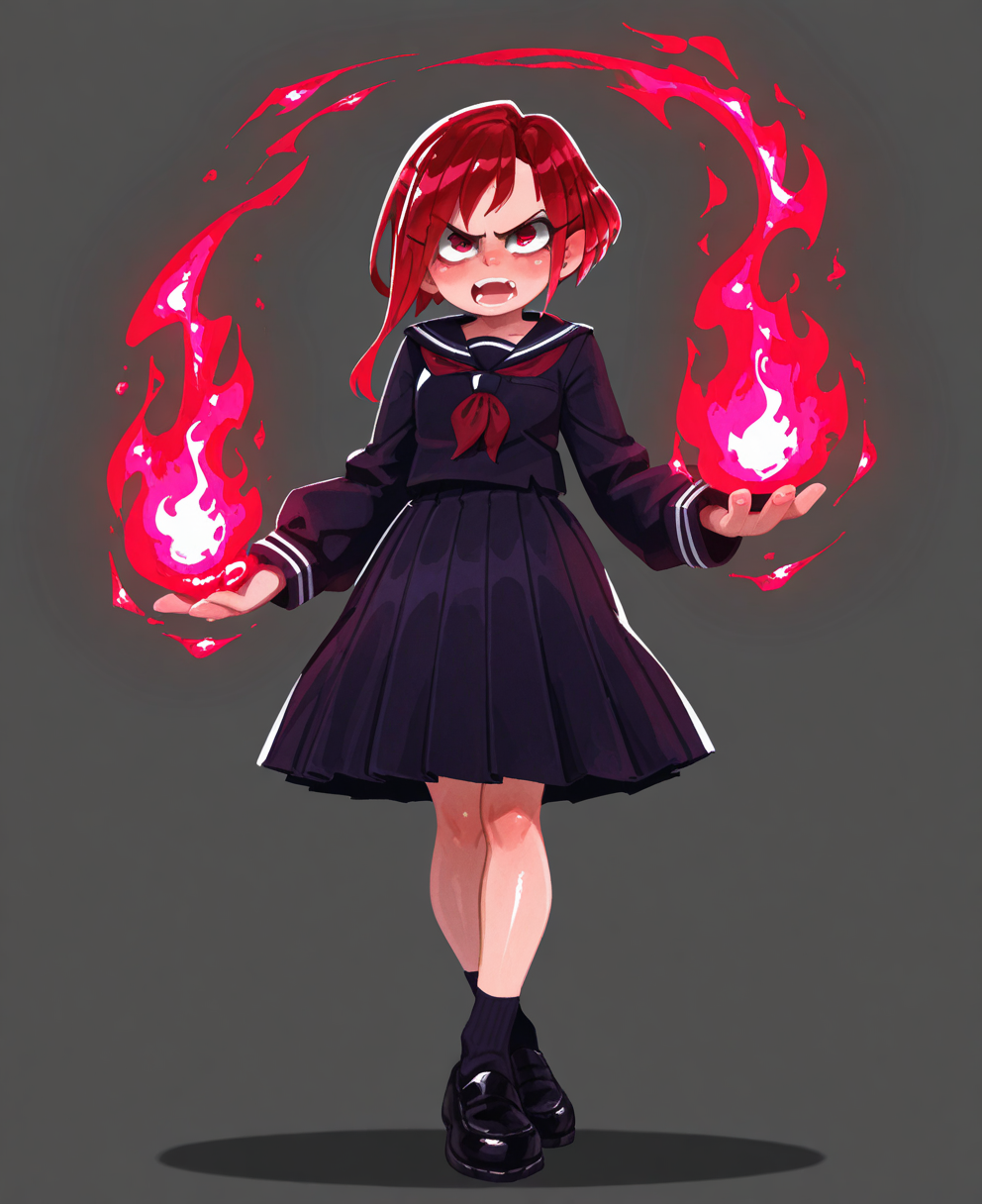 <lora:zettonamo888C:1> zettonamo888,
(masterpiece), (best quality), (ultra-detailed), amazing quality, very aesthetic, illustration, perfect composition, intricate details, absurdres, incredibly absurdres, shiny skin, realistic,
 zettonamo888, 1girl, solo, school uniform, red eyes, serafuku, skirt, magic, simple background, fire, full body, fangs, open mouth, pleated skirt, long skirt, black footwear, short hair, black skirt, black serafuku, red hair, angry, looking at viewer, blush, general