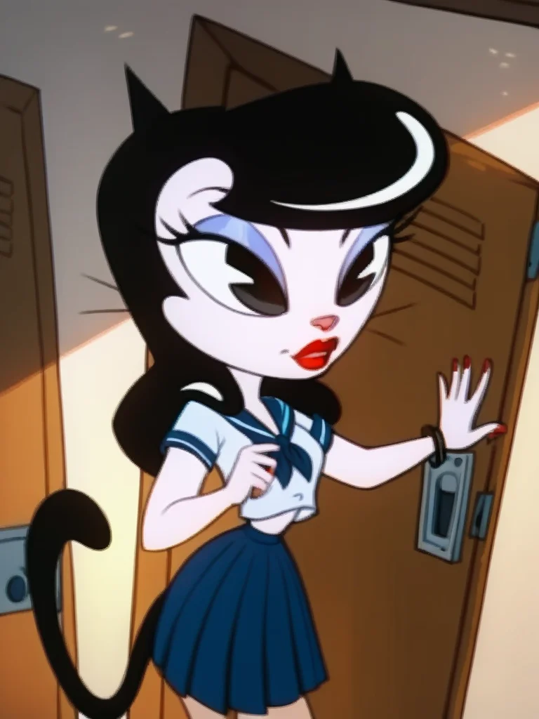 score_9, score_8_up, score_7_up, score_6_up, score_5_up, score_4_up, 1girls, (Nastassia_Slinky, white skin, animal nose, tail, black eyes, bangs, red lips), school uniform, hallway, school, lockers, bulletin board, detailed eyes, detailed face, detailed background, <lora:felixgirls-v1:1>