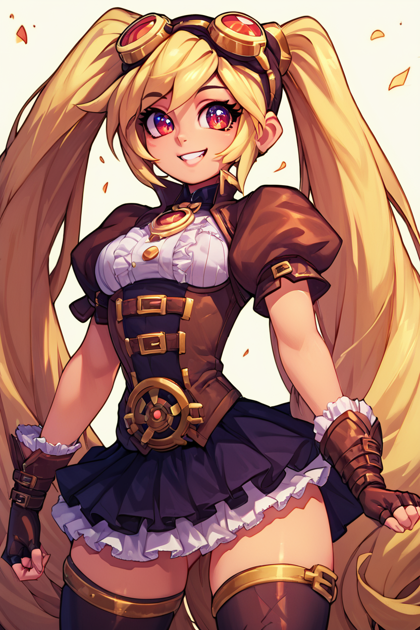 score_9, score_8_up, score_8, medium breasts, (curvy), cute, eyelashes,       BREAK, ,  <lora:Layla_ML_PDXL_v2:0.8>,  zzLayla, solo, 1girl, twintails, blonde, blonde hair, long hair, very long hair, red eyes, goggles, goggles on head, gloves, thighhighs, skirt, short sleeves, fingerless gloves, puffy sleeves, brown gloves, puffy short sleeves,   , BREAK, wide hips, smile, looking at viewer, cowboy shot, embedding:zPDXL, Expressiveh, <lora:SweetCAT_PDXL:1.0>,  <lora:SDXLFaeTastic2400:0.5>,  <lora:Expressive_H-000001:0.4>,