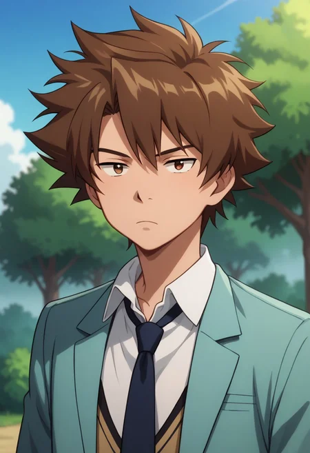 score_9, score_8_up, score_7_up, source_anime, highly detailed,
brown hair, 1boy, male focus, solo, brown hair, brown eyes, upper body, shirt, white shirt, collared shirt, necktie, blue necktie, school uniform, jacket, blazer, vest sveater, bored,
outdoor, sky, tree