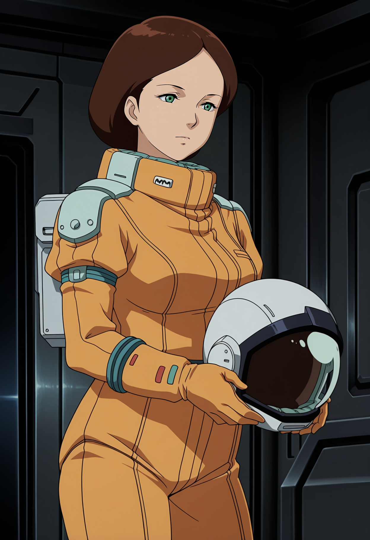 1girl,solo,mm,mature female,brown hair,short hair,green eyes,anime coloring,
spacesuit,helmet,cowboy shot, indoors
,masterpiece,best quality,amazing quality,<lora:Emma_Sheen-Zeta_Gundam:0.8>