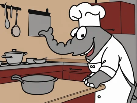 <lora:Ottifant_sdxl:0.5> Ottifant smiling , as a chef in a kitchen