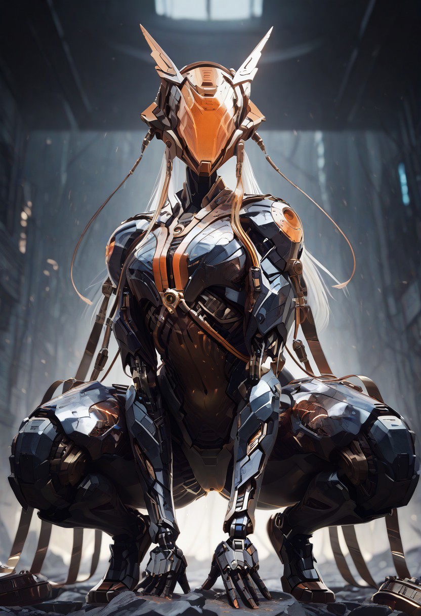Masterpiece, 8K ultra-high definition, hyper-realistic 3D rendering with cinematic lighting, focusing on aggressive bio-mechanical exoskeleton design - showcasing reinforced alloy armor with hydraulic conduits, synthetic muscle fibers and circuit patterns glowing under neon lights, giant serrated arm blades refracting cold gleam. Central figure in dominant crouching stance, streamlined horned helmet seamlessly integrated with neck machinery, featureless head tilted slightly while gazing at viewer. Background features multi-layered cyberpunk metropolis: maglev trains cutting through holographic advertisements, acid rain droplets condensing on nano-coated armor surface, distant corporate logos contrasting sharply with slum lights, using depth-of-field blur to enhance visual impact of the mechanized subject，<lora:incase_new_style_red_ill:0.6>, <lora:Mechanism-Illustious:0.8>, <lora:BIOMECHA_XL_R:0.5>
