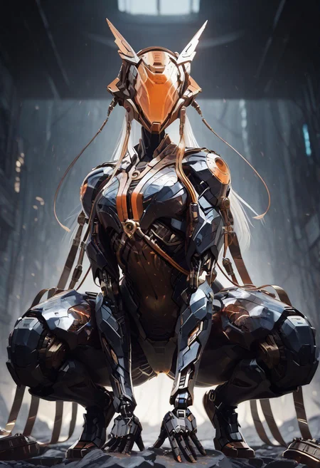 Masterpiece, 8K ultra-high definition, hyper-realistic 3D rendering with cinematic lighting, focusing on aggressive bio-mechanical exoskeleton design - showcasing reinforced alloy armor with hydraulic conduits, synthetic muscle fibers and circuit patterns glowing under neon lights, giant serrated arm blades refracting cold gleam. Central figure in dominant crouching stance, streamlined horned helmet seamlessly integrated with neck machinery, featureless head tilted slightly while gazing at viewer. Background features multi-layered cyberpunk metropolis: maglev trains cutting through holographic advertisements, acid rain droplets condensing on nano-coated armor surface, distant corporate logos contrasting sharply with slum lights, using depth-of-field blur to enhance visual impact of the mechanized subject,<lora:incase_new_style_red_ill:0.6>, <lora:Mechanism-Illustious:0.8>, <lora:BIOMECHA_XL_R:0.5>