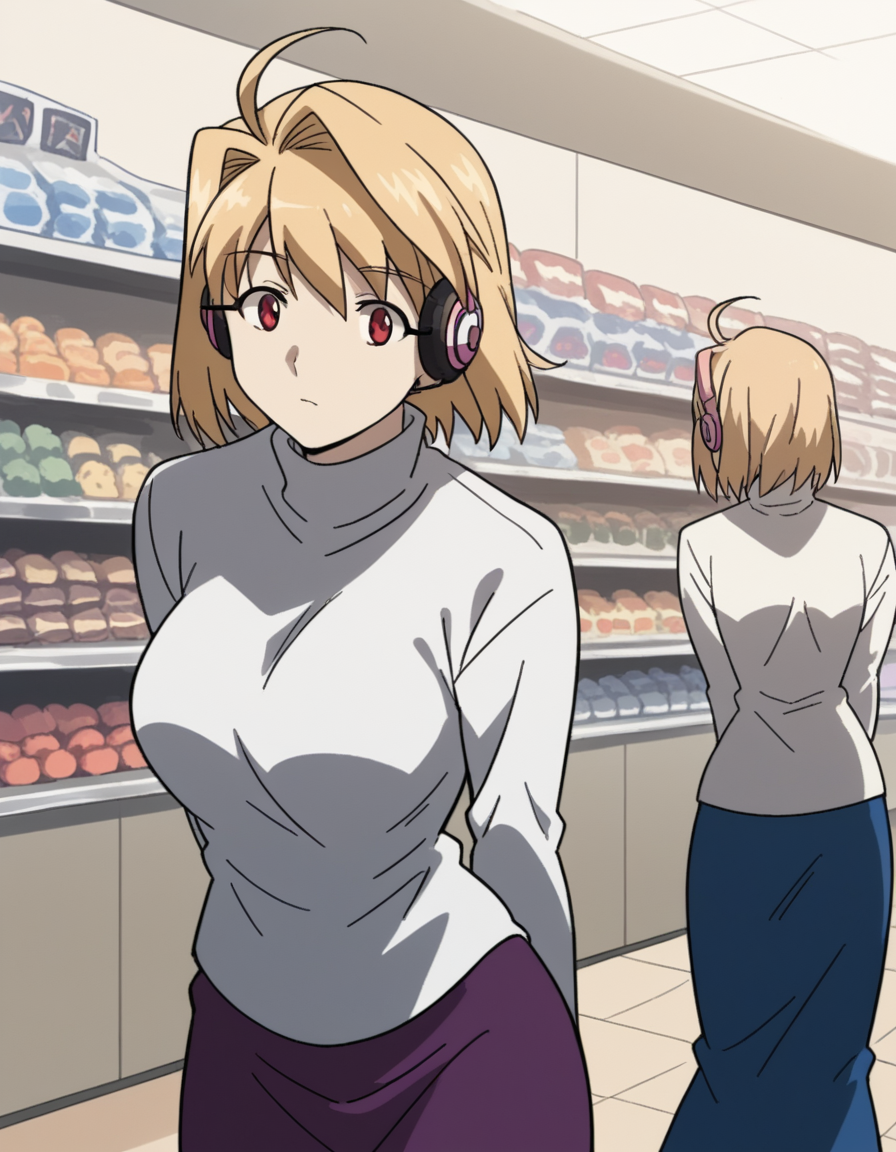 score_9, score_8_up, score_7_up, source_anime, <lora:carnivalphantasm-arcueid-brunestud-ova-ponyxl-lora-nochekaiser:1>, arcueid brunestud, blonde hair, red eyes, short hair, ahoge, large breasts,, long skirt, purple skirt, skirt, sweater, turtleneck, white sweater,, music store, browsing records, headphones, vinyl collection, nostalgic, , , hands behind back, bent over,, solo,, dutch angle, cowboy shot