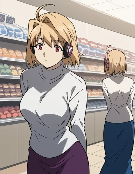 score_9, score_8_up, score_7_up, source_anime, <lora:carnivalphantasm-arcueid-brunestud-ova-ponyxl-lora-nochekaiser:1>, arcueid brunestud, blonde hair, red eyes, short hair, ahoge, large breasts,, long skirt, purple skirt, skirt, sweater, turtleneck, white sweater,, music store, browsing records, headphones, vinyl collection, nostalgic, , , hands behind back, bent over,, solo,, dutch angle, cowboy shot