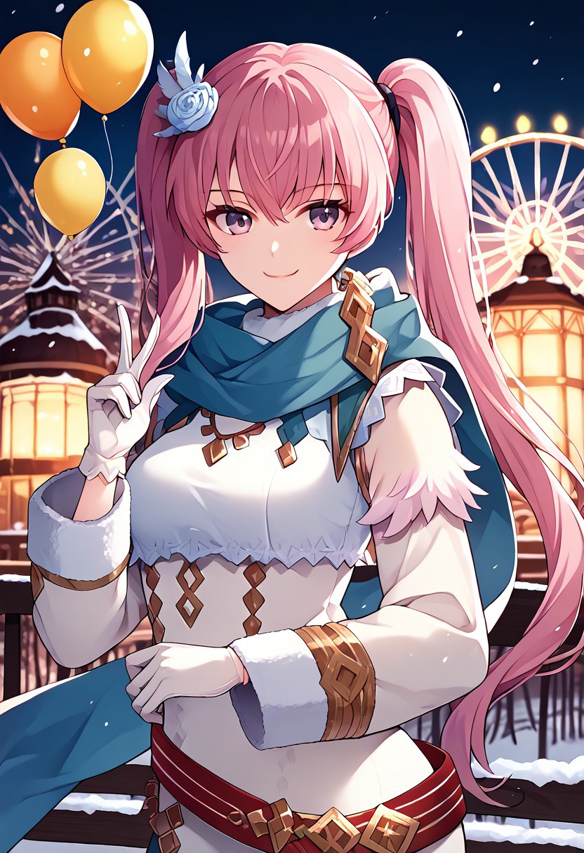 score_9, score_8_up, score_7_up, highres, (best quality:1.1), masterpiece, absurdes, 1girl, solo, long hair, looking at viewer, smile, standing, outdoors, night, bench, balloon, lamppost, ferris wheel,  <lora:feserra-pdxl-nvwls-v1-000007:1> respSerra, pink hair, twintails, hair ornament, hair flower, white robes, long sleeves, gold trim, feather trim, white gloves, red belt, blue scarf, breasts, winter, snow, smile, upper body