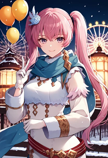 score_9, score_8_up, score_7_up, highres, (best quality:1.1), masterpiece, absurdes, 1girl, solo, long hair, looking at viewer, smile, standing, outdoors, night, bench, balloon, lamppost, ferris wheel, <lora:feserra-pdxl-nvwls-v1-000007:1> respSerra, pink hair, twintails, hair ornament, hair flower, white robes, long sleeves, gold trim, feather trim, white gloves, red belt, blue scarf, breasts, winter, snow, smile, upper body