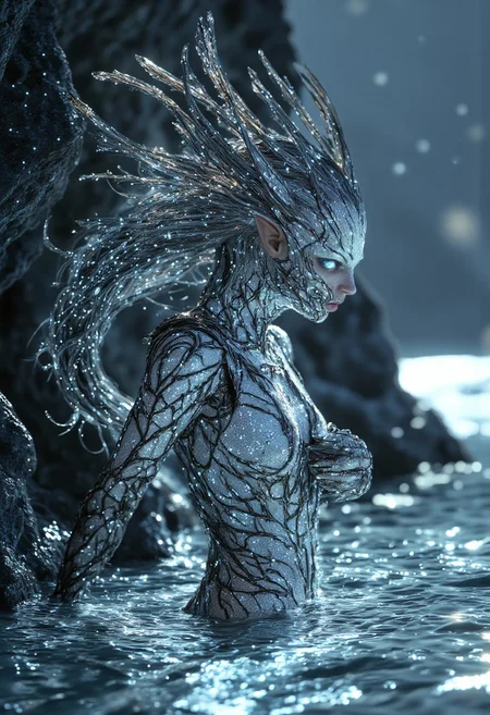 perfection style, S1n0z1ck style, A full-body portrait in anime cyberpunk neon aesthetic style of a faceless humanoid figure with a mirror-sheen platinum body, standing tall in a surreal snow land. The figure has exaggeratedly long arms and hands, sharp metallic nails, a broad chest and shoulders, and long, muscular legs. Its face is featureless except for a canine-shaped mouth. Emerging from its head are surreal steel metallic rods with a sparkling chrome effect, catching the neon glint of the surrounding icy environment. The landscape is filled with glaciers and softly falling snow, with water reflecting the shimmering platinum body. The cool neon highlights in the metallic rods and body contrast with the serene, cold tones of the snow and ice. Snowfall adds a dynamic, ethereal element to the scene, while the figure's form commands a haunting, otherworldly presence.