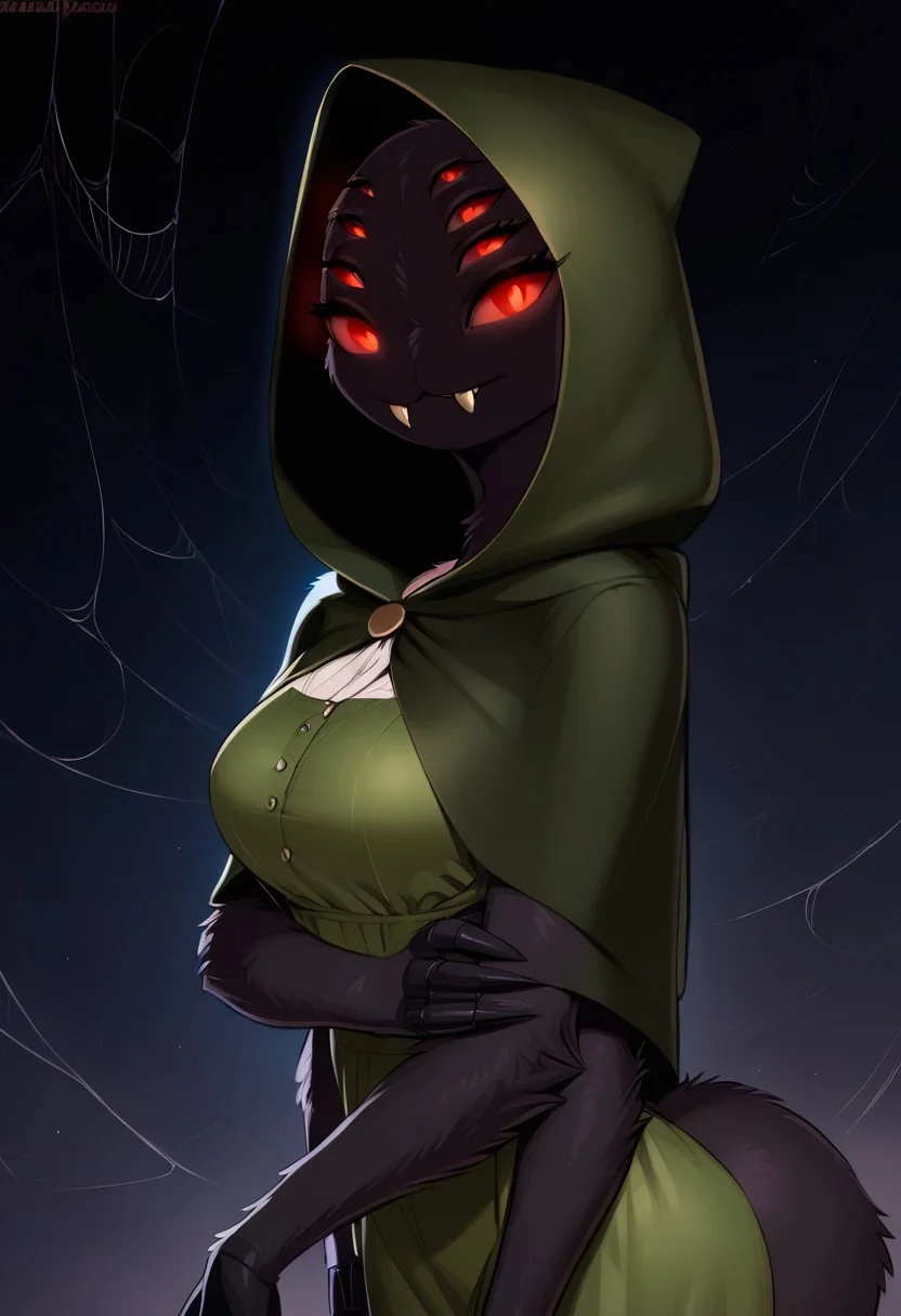 score_9, score_8_up, score_7_up, highres, high quality, perfection,
BREAK
1girl, (solo: 2.0), girl alone, side view, cowboy shot, web background,
BREAK
furry female, arachnid girl, (anthro arachnid girl: 1.2), beautiful girl, cute girl, adult, 20 years old, detailed body, detailed fur, (black fur: 1.2), fluffy, one-tone fur, shapely girl, (slim body: 1.2), petite body, (bald_girl: 1.2), (baldness: 2.0), detailed face, beautiful face, eyelashes, (red eyes: 1.2), extra eyes, 6 eyes, lot of eyes, (glowing eyes: 1.2), perfect eyes, detailed eyes, (fangs: 1.2), teeth, medium breasts, extra arms, 4 arms, 6 arms,
clothed, dark-green cloak, green dress, hooded cloak, (hood on: 1.3),
standing, looking at viewer,
BREAK
outdoor, meadow, dark night, web, spider web everywhere,