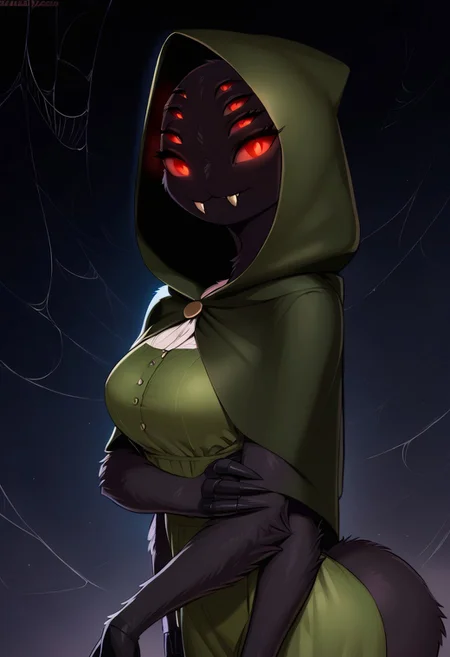 score_9, score_8_up, score_7_up, highres, high quality, perfection,
BREAK 
1girl, (solo: 2.0), girl alone, side view, cowboy shot, web background,
BREAK 
furry female, arachnid girl, (anthro arachnid girl: 1.2), beautiful girl, cute girl, adult, 20 years old, detailed body, detailed fur, (black fur: 1.2), fluffy, one-tone fur, shapely girl, (slim body: 1.2), petite body, (bald_girl: 1.2), (baldness: 2.0), detailed face, beautiful face, eyelashes, (red eyes: 1.2), extra eyes, 6 eyes, lot of eyes, (glowing eyes: 1.2), perfect eyes, detailed eyes, (fangs: 1.2), teeth, medium breasts, extra arms, 4 arms, 6 arms,
clothed, dark-green cloak, green dress, hooded cloak, (hood on: 1.3),
standing, looking at viewer,
BREAK
outdoor, meadow, dark night, web, spider web everywhere,