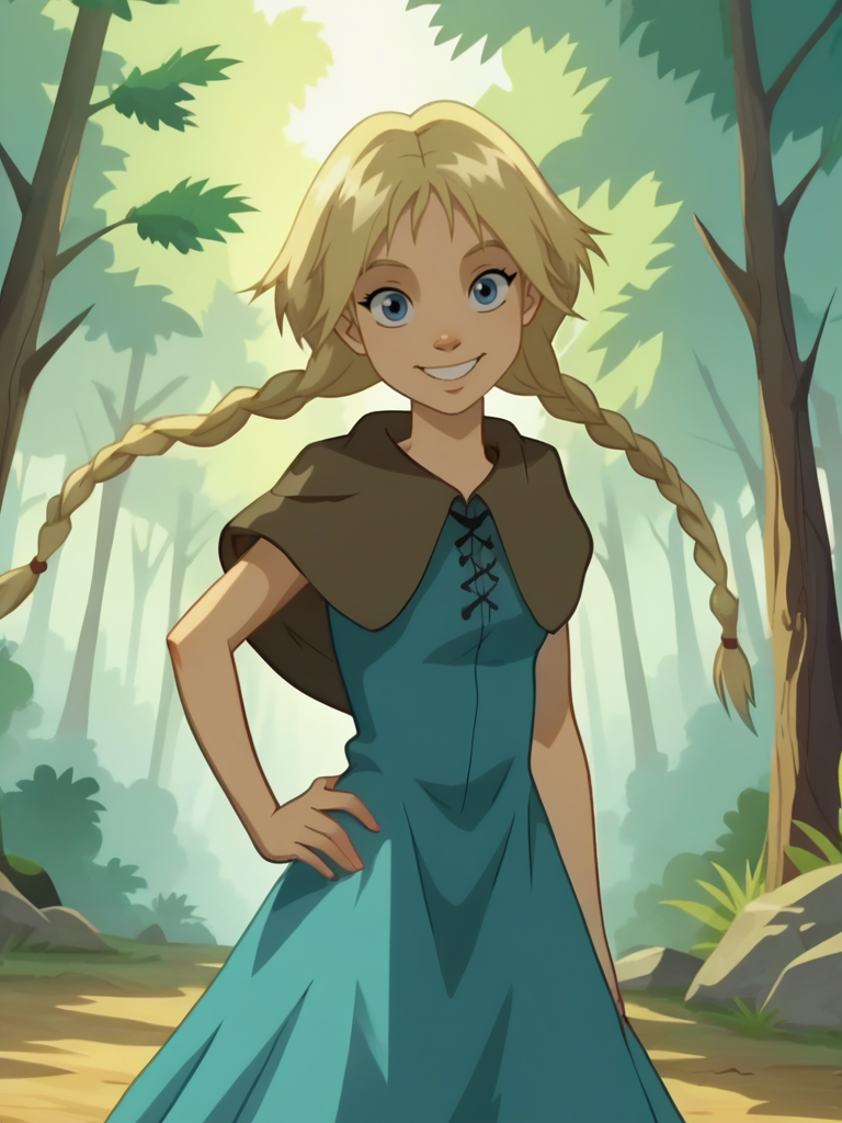 score_9, score_8_up, score_7_up, 1girl, looking at viewer, cowboy shot, dynamic pose, cute, solo, dutch angle, forest, vegetation, smile, :D, detailed background, hand on hips,
cartoon <lora:WitchElyonBrown_character:0.8>, ElyonBrown, twin braids, blonde hair, long hair, blue eyes, dress, capelet, anime screencap,
