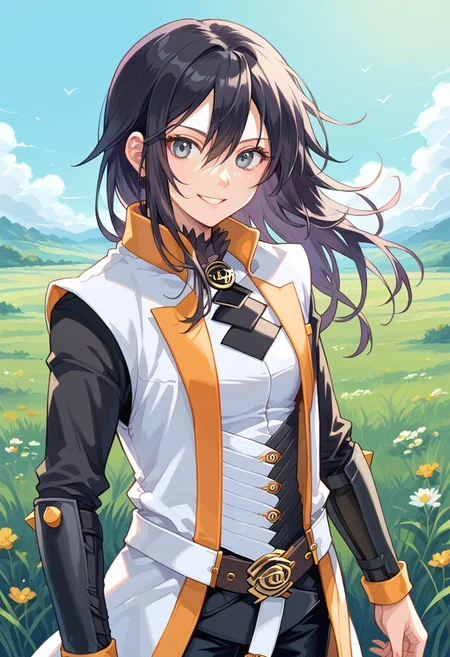 score_8, score_8_up, score_7_up, 1girl, female focus, solo, Azlier_SN, black hair, bangs, hair between eyes, long hair, sidelocks, grey eyes, white coat, collared coat, sleeveless coat, open coat, gorget, black gorget, brooch, white shirt, turtleneck shirt, black turtleneck, black sleeves, armor, belt, bracers, black pants, cowboy shot, looking at viewer, smile, outdoors, grass, plains,