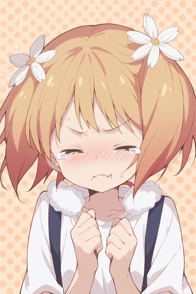 score_9, score_8_up, score_7_up, score_6_up,
<lora:Yuu_Sonoda:1> yuu, 1girl, solo, > <, closed eyes, tears, blush, flower, hair ornament, hair flower, short hair, pout, :t