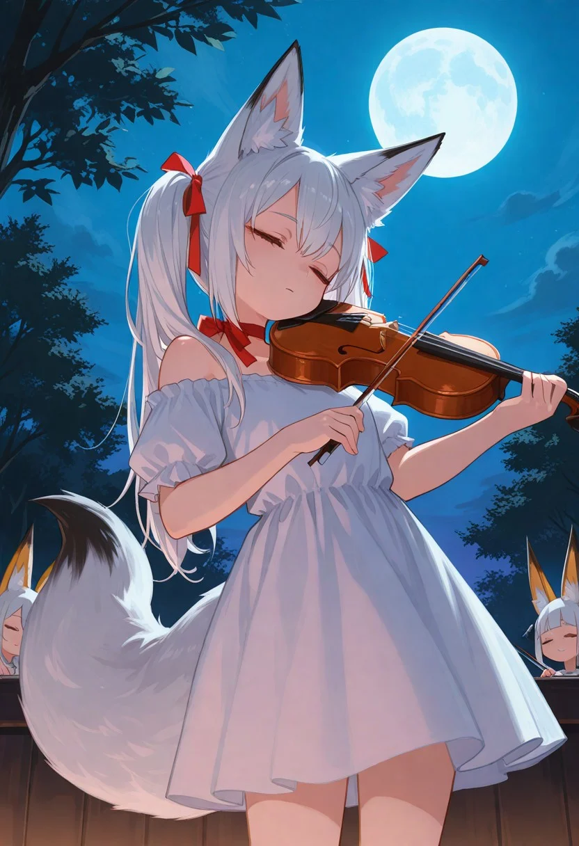 masterpiece, score_9, score_8_up, score_7_up, EasyNegative_v2,
(best quality:1.1),ultra-detailed, high resolution, super detailed skin, beautiful detailed eyes, Brightly Lit, Highly Visible, 8k, sharp focus, beautiful, perfect lighting, beautiful eyes, anatomically correct, anatomically correct face, extremely detailed eyes, smooth edges, beautiful face, symmetrical eyes, symmetrical face,
(standing:1.3), (playing the violin:1.5), (look down, closed eyes:1.5),
1girl, cute girl, (white hair, long hair, twintails, hair ribbon:1.3), (fox ears, fox tail:1.5), (white dress, off-shoulder, ribbon choker:1.3),
bright lighting, (night, full moon, blue moon:1.3), (solo focus:1.5), (dutch angle:1.5),