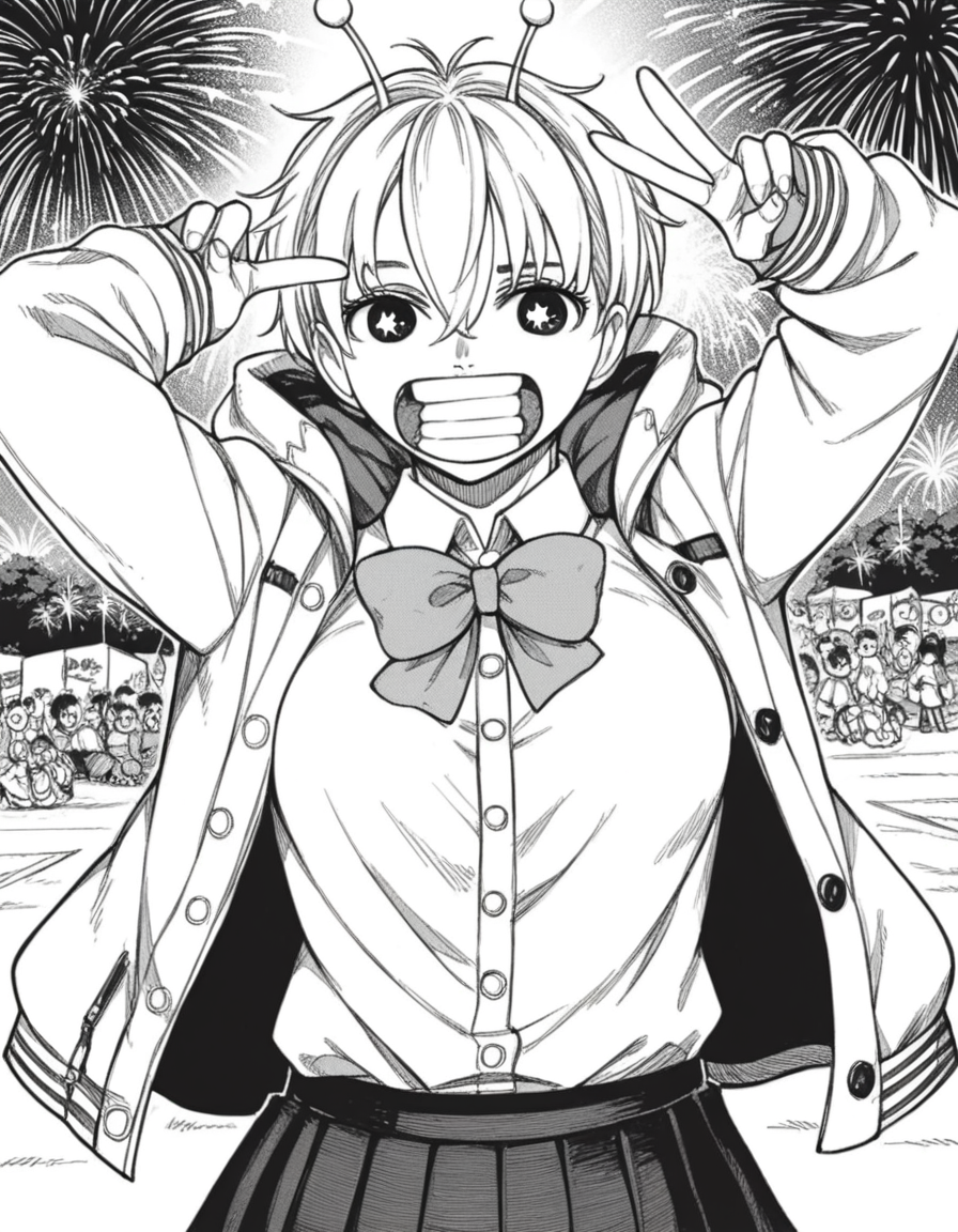 score_9, score_8_up, score_7_up, source_anime, <lora:vamola-manga-ponyxl-lora-nochekaiser:1>, vamola, short hair, bangs, hair between eyes, symbol-shaped pupils, antennae, star-shaped pupils, monochrome, greyscale, medium breasts,, skirt, shirt, bow, school uniform, jacket, pleated skirt, collared shirt, bowtie,, festival, fireworks, summer night, food stall, traditional, arms up,, , v, v over mouth, smug,, looking at viewer, solo,, dutch angle, cowboy shot