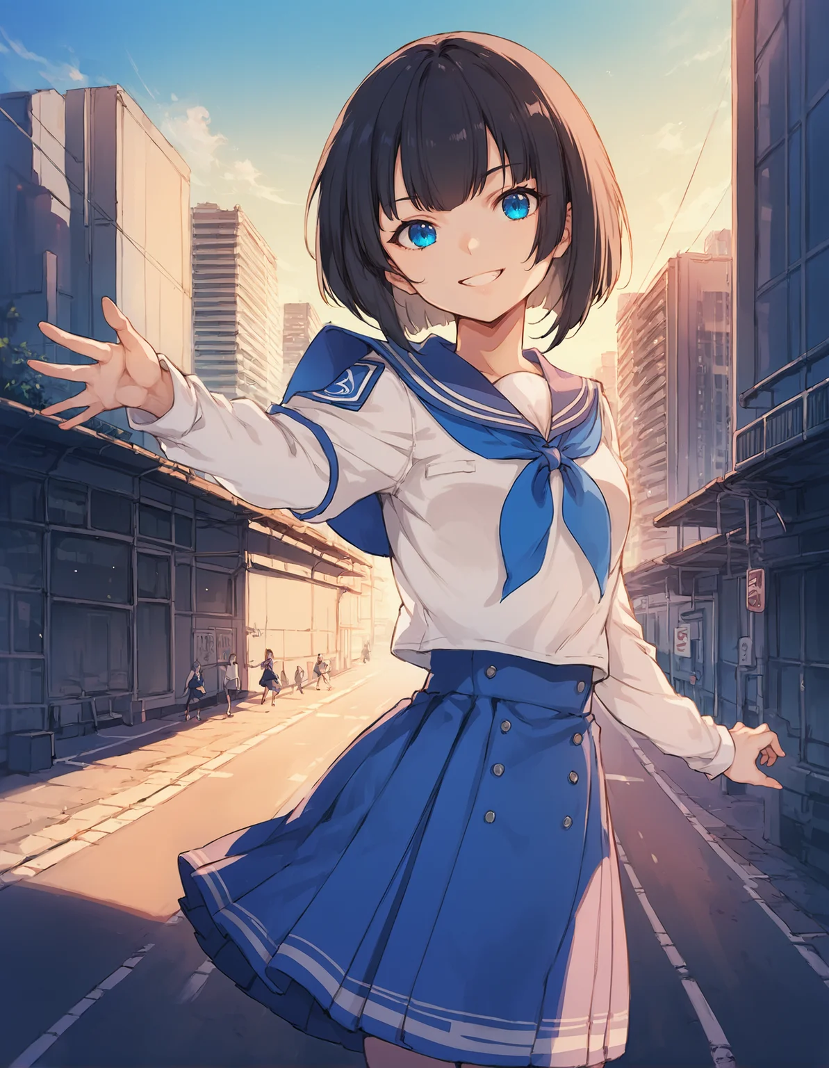 score_9, score_8_up, score_7_up, score_6_up, a girl in dynamic pose at the street, source_anime, 1girl, perfect lighting, upper body, medium shot, mgrckirinosae, black hair, blue eyes, white shirt, blue sailor collar, blue neckerchief, blue buttoned skirt, short over long sleeves, outdoors, city, street, day, hand in hair, dynamic pose, smiling, dynamic pose, hand outstretched, <lora:mgrckirinosae_XL:1>