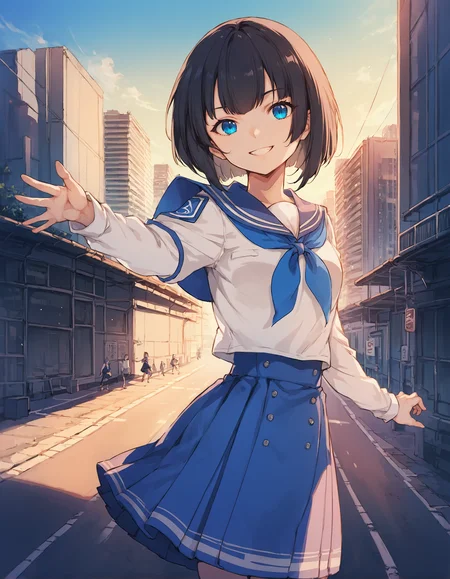 score_9, score_8_up, score_7_up, score_6_up, a girl in dynamic pose at the street, source_anime, 1girl, perfect lighting, upper body, medium shot, mgrckirinosae, black hair, blue eyes, white shirt, blue sailor collar, blue neckerchief, blue buttoned skirt, short over long sleeves, outdoors, city, street, day, hand in hair, dynamic pose, smiling, dynamic pose, hand outstretched, <lora:mgrckirinosae_XL:1>