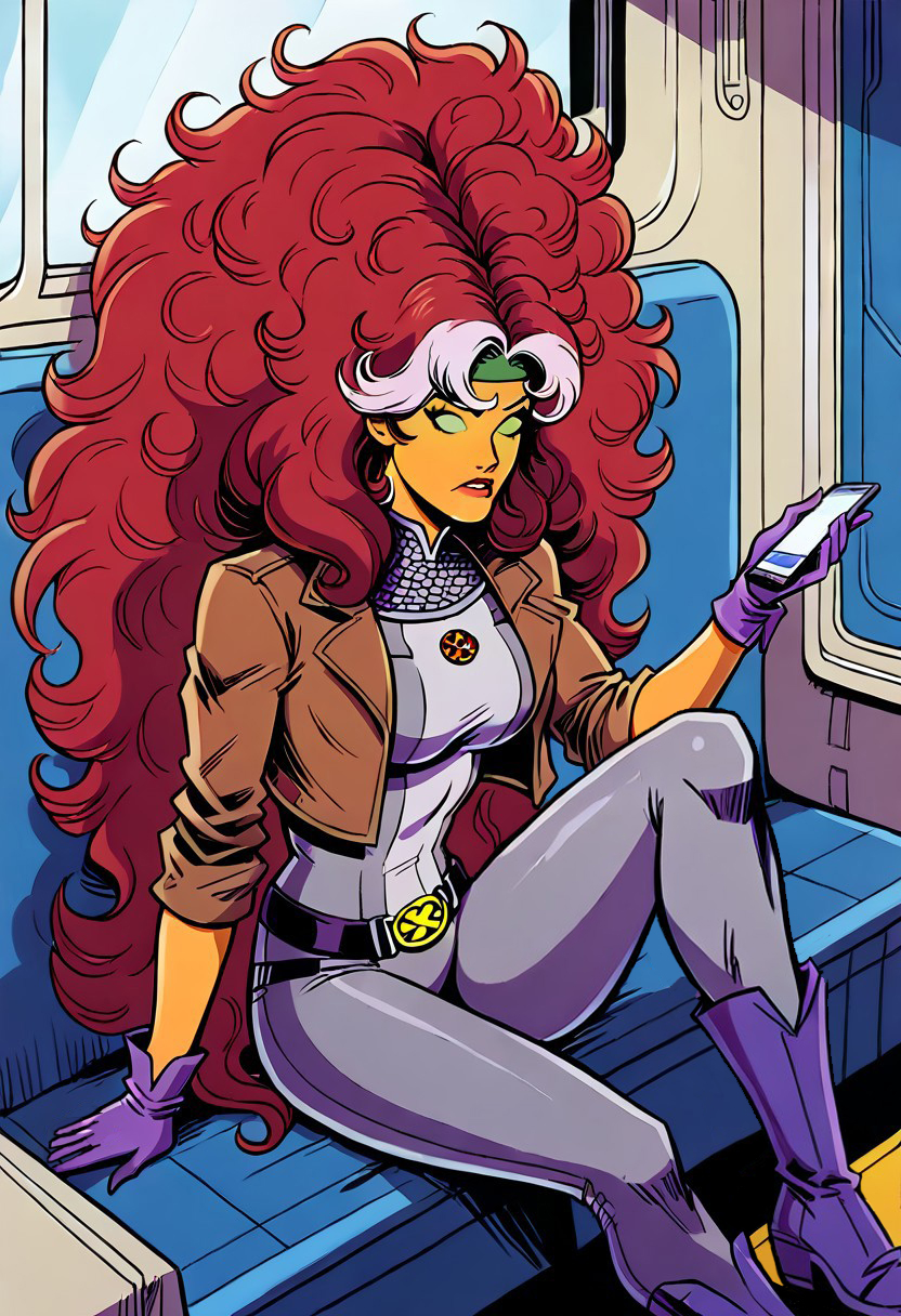 1girl, solo, StarfireDG, DEFRogue, orange skin, green eyes, no pupils, lipstick, red hair, two-tone hair, long hair, white bangs, dyed bangs, messy hair, headband, cropped jacket, brown jacket, purple bodysuit, grey bodysuit, long bodysuit, purple gloves, belt, purple boots,  full clothed, full body, sitting, suprised, looking at phone, dynamic view, dynamic angle, inside train,