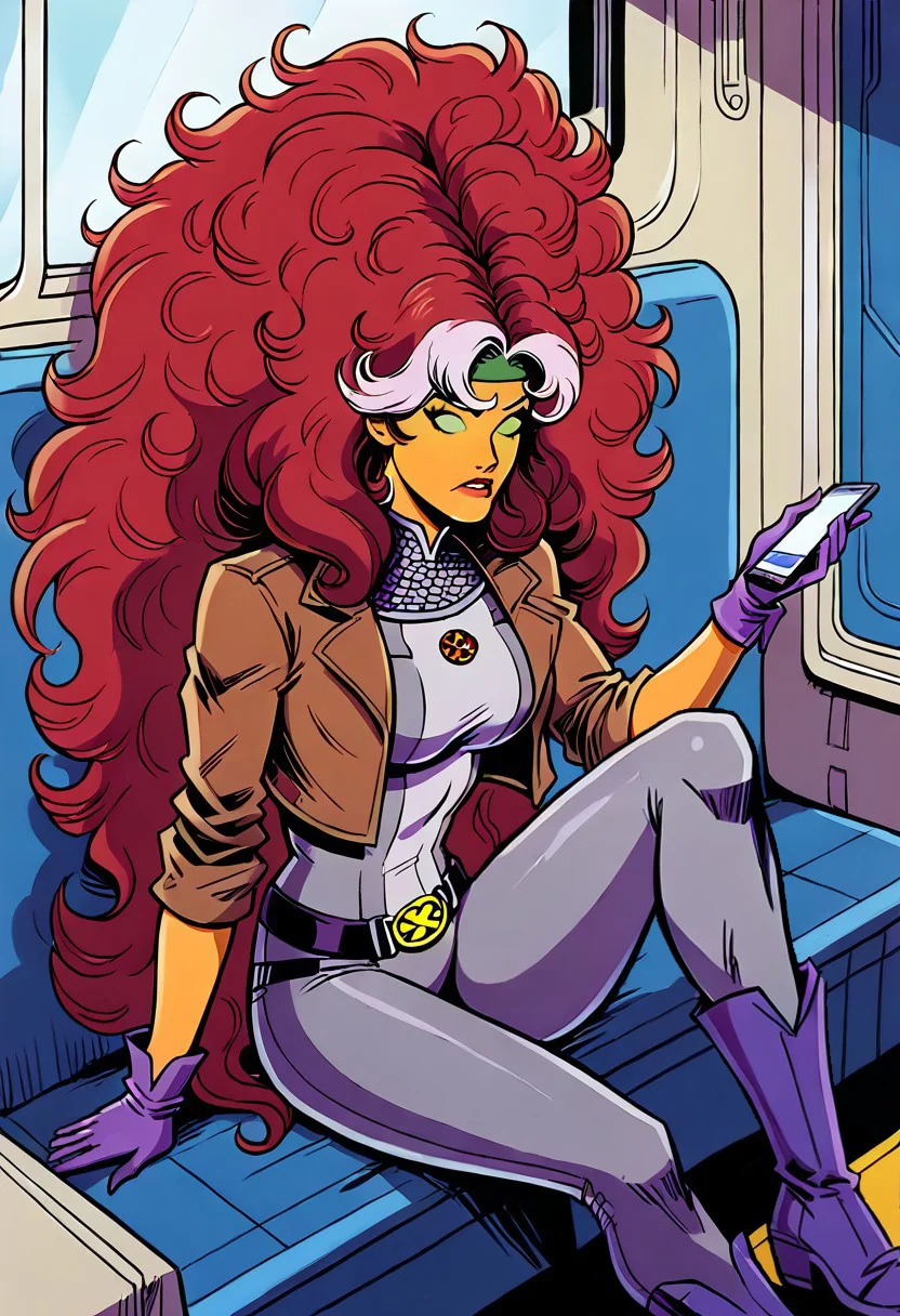 1girl, solo, StarfireDG, DEFRogue, orange skin, green eyes, no pupils, lipstick, red hair, two-tone hair, long hair, white bangs, dyed bangs, messy hair, headband, cropped jacket, brown jacket, purple bodysuit, grey bodysuit, long bodysuit, purple gloves, belt, purple boots, full clothed, full body, sitting, suprised, looking at phone, dynamic view, dynamic angle, inside train,