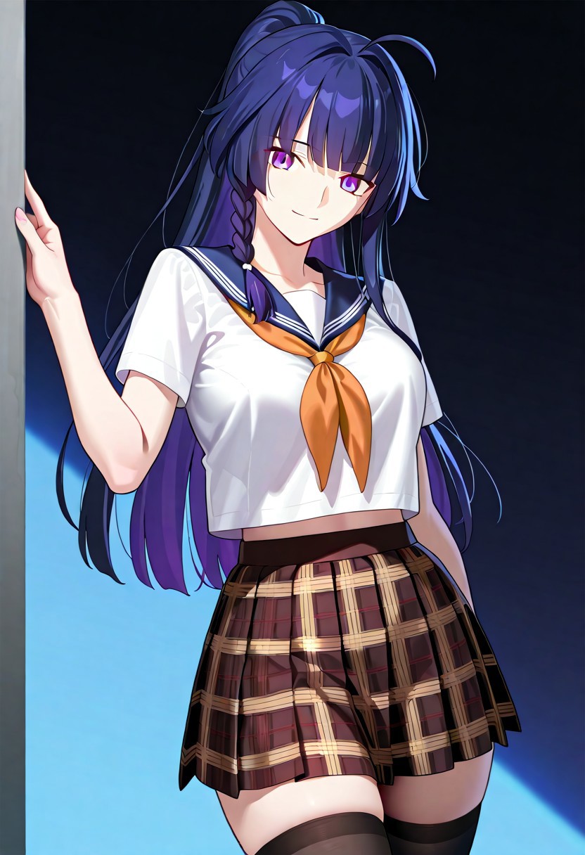 ((masterpiece, best quality, amazing quality, very aesthetic, absurdres)), 
Takeuchi takashi, ((solo)), ((better eyes)), peaceful, smile, closed mouth, 1girl, (large breasts, thin waist, wide hips), (((raiden_mei_honkai_impact_3rd))), (((black hair, purple tinted hair, purple eyes))), ((long hair, bangs, side_braid, ponytail)), (((white top, orange neckerchief, short sleeves, pleated skirt, plaid skirt, brown skirt, black stockings))), no background, dark background, sideshot, cowboy shot, dark background, portrait, looking at viewer