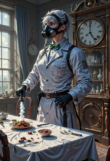 A masterpiece, ultrarealistic, natural colours of evening light, photorealistic scene, luxurious intricate interior of a dining room, rich in detail, dining table covered white table cloth, empty chairs after the eaters have left, dirty dishes, serving dishes with leftover food, a few dead mice on table, a clock, (flat chest, lean, small-breasted, tiny tits, bustless, unbuxom:2),
flat chested Izayoi Sakuya in full-face respirator with protective eye and nose shield, protective rubber gloves and loose unbuttoned lab coat with long sleeves over maid uniform and mid dress is spraying the room, stream of white foam from foamer, (heavy duty black rubber gloves not fingerless, unbuttoned lab coat with long sleeves, full face respirator with protective eye and nose shield, loose untbuttoned lab coat with no belt, foamer:1.8), petite, slim, slender, short silver hair, twin braids, green bows, green bowtie, practical comfortable blue maid uniform, mid dress, maid headdress, detached collar, white apron, pocket watch, 
<lora:Hand v2:1.1> Detailed hand, Hand, Perfect hand, 
<lora:best_of_flux_v30_rank64_bf16-step01750:1> best_of,