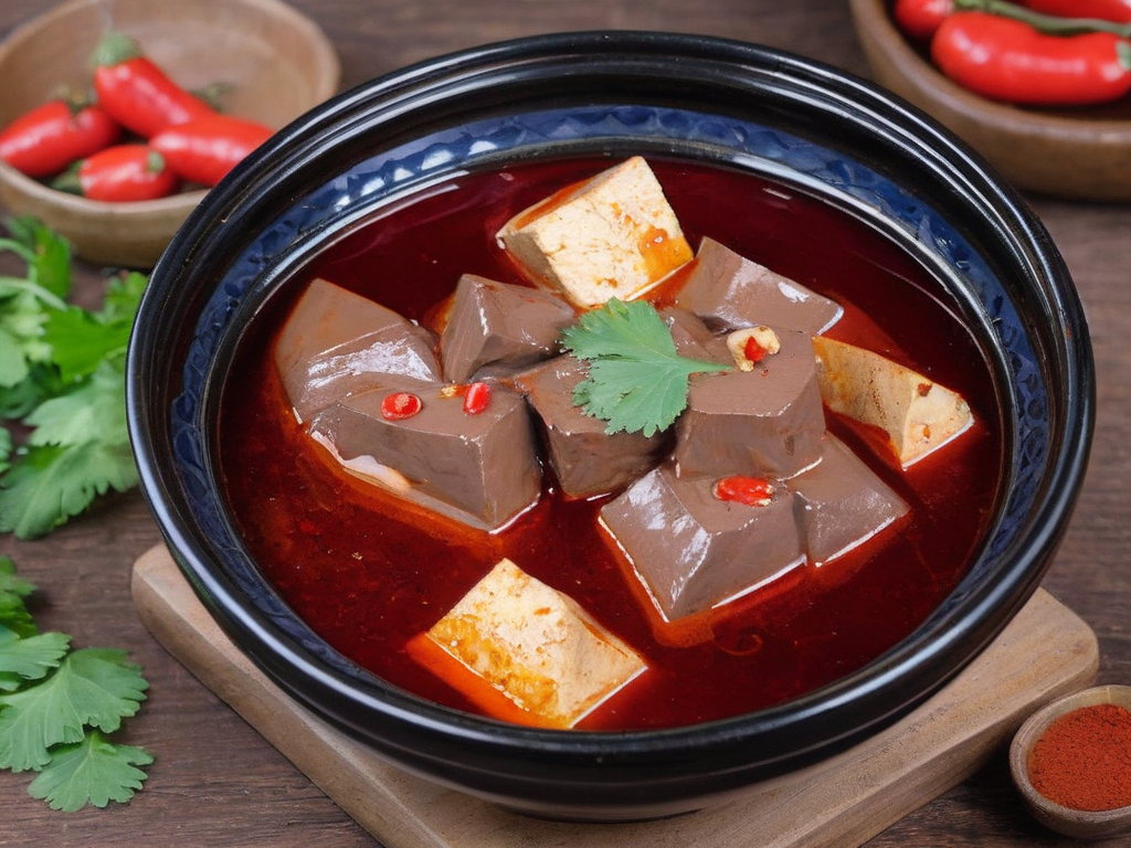 A high-resolution, hyper-realistic image of a bowl of maradofu, a unique delicacy in Taiwanese cuisine. The dish features cubes of duck blood and tofu, cooked in a savory broth and garnished with fresh herbs. The duck blood has a rich, dark color and a smooth, jelly-like texture, while the tofu is soft and creamy. The dish is served in a traditional ceramic bowl, placed on a rustic wooden table. The scene is set in a cozy Taiwanese kitchen, with all elements in sharp focus, creating a clear and detailed image. The lighting should be warm and inviting, highlighting the appetizing qualities of the maradofu and the homely atmosphere of the setting, <lora:maratofu:0.7>