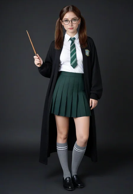 newest, masterpiece, best quality, 4k,
black background, very aesthetic, detailed background, full body,standing,
1girl, ,solo, green eyes, brown hair, twintails, freckles, glasses, medium breasts, <lora:hogwarts_uniforms:1>slytherin, grey sweater, pleated skirt, grey skirt, kneehighs, grey socks, black loafers, green necktie, striped necktie, green trim, silver trim, emblem,black robe, holding wand