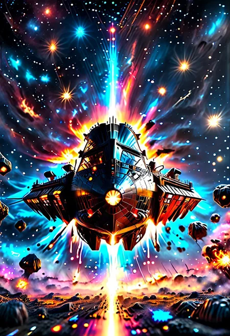 high quality, 8K Ultra HD, highly realistic, The great and sleek black ship is moving forward, blasting through space. It has powerful cannons facing forward that are unleashing powerful blue energy weapon blasts upon an unseen foe. Embark on an enchanting 8K photorealistic journey as a magnificent starship blasts through a star system.  The ship gracefully flies among other ships. The starship's design boasts advanced technological elements. The camera captures every minute detail, by VelvetS, octane render,from slightly to the side.  perfectly symmetrical ship.  Weapons fire blue energy beams.  IT is shooting Blue energy beams, deep space
<lora:DonM3t3rn1tyXL-v1.1:0.7>, DonM3t3rn1tyXL,
OverallDetailXL  <lora:MJ52:0.3>  <lora:SDXLFaeTastic2400:0.4>