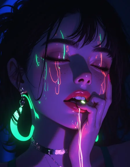 Niji_anime, masterpiece, best quality, highly detailed, ultra-detailed shading, semi-realistic anime style, anime aesthetic, neon cyberpunk glow, soft ambient lighting, cinematic composition, artistic surrealism, ethereal atmosphere, high-contrast lighting, dramatic close-up, expressive pose.
A mesmerizing close-up of a young woman with her eyes closed, as vivid neon-colored streaks flow down her face and fingers like glowing, liquid tears. The fluorescent hues of purple, pink, green, and blue create a striking contrast against her fair, freckled skin, illuminating her delicate features in a soft yet electric glow. Her dark, tousled hair frames her face, adding to her mystical and emotive presence.
Her expression is serene yet enigmatic, as she gently licks her finger, the fluorescent streaks trailing down her hand and onto her lips, creating a captivating fusion of intimacy and surrealism. The glowing liquid clings to her lips, reflecting the light and enhancing the dreamlike, almost hypnotic ambiance. Her soft lips slightly parted, with a hint of curiosity and allure, make the image feel both intimate and otherworldly.
The lighting is soft and ethereal, ensuring the neon colors glow vividly, casting a subtle radiance over her skin. Shadows are minimal yet delicately placed, allowing for a dreamlike and surreal atmosphere.
The background is completely black, isolating the subject and making the fluorescent hues appear even more intense, reminiscent of cyberpunk and vaporwave aesthetics. The composition is centered on her face and hand, with the flowing neon streaks leading the viewer’s gaze toward her delicate fingers and lips, creating a dynamic, fluid movement within the frame.
The overall effect is a fusion of modern anime aesthetics with semi-realistic rendering, evoking an ethereal, melancholic beauty with an irresistible, mysterious charm.