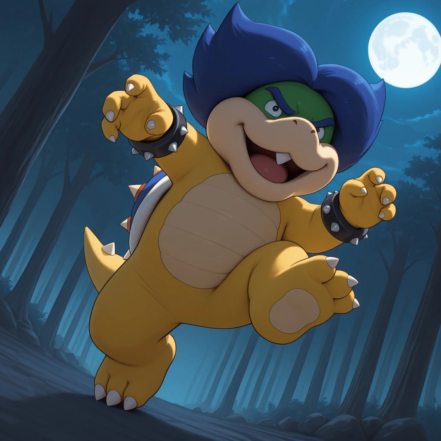 Ludwig, 2d, 1boy, solo, Blue hair, blue eyebrows, male, single middle fang, shelled, blue spiked shell, tail, spiked bracelets, scalie, yellow skin, green head, black eyes, claws, toe claws, 3 toes, 

BREAK open mouth smile, fighting stance, intimidating, dynamic angle, night, moon, Wicked forest, dark environment,