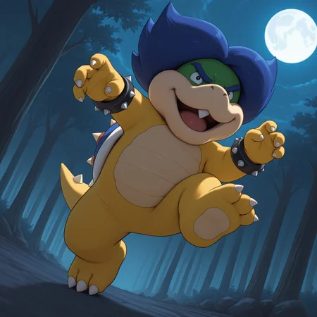 Ludwig, 2d, 1boy, solo, Blue hair, blue eyebrows, male, single middle fang, shelled, blue spiked shell, tail, spiked bracelets, scalie, yellow skin, green head, black eyes, claws, toe claws, 3 toes, 

BREAK open mouth smile, fighting stance, intimidating, dynamic angle, night, moon, Wicked forest, dark environment,