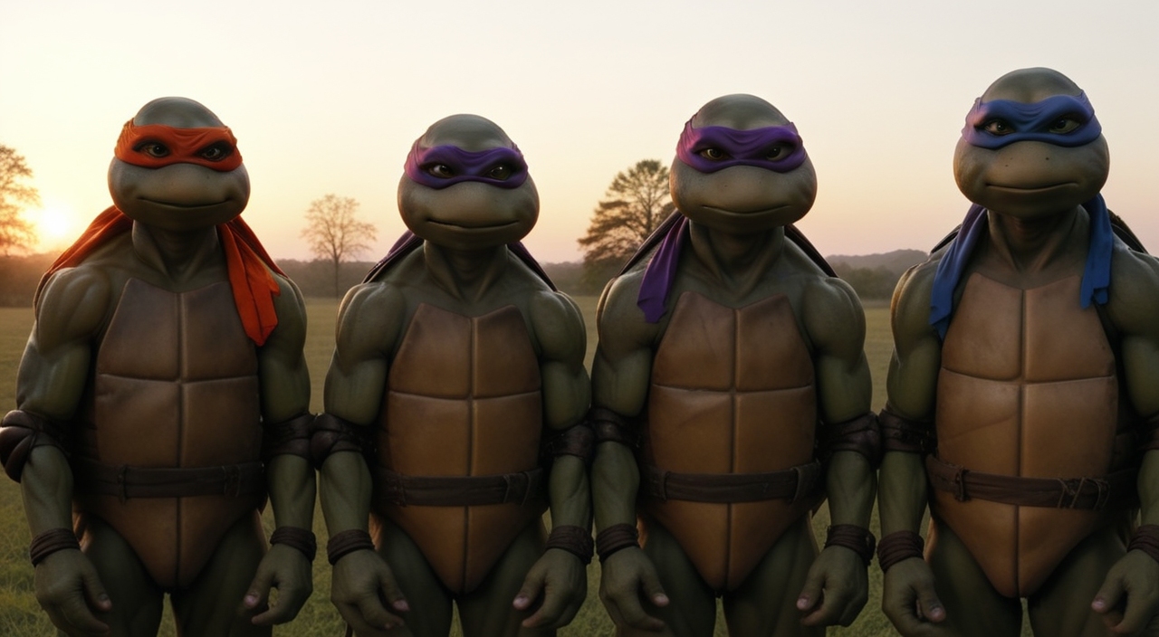 full body shot, group, TMNTGroup, a group of  four teenage mutant ninja turtles, with red and blue and orange and purple bandana masks with eye-holes, standing in a field at sunset with trees in the background and a sky in the background, <lora:TMNT_Turtles_AIO_SDXL-000009:1>