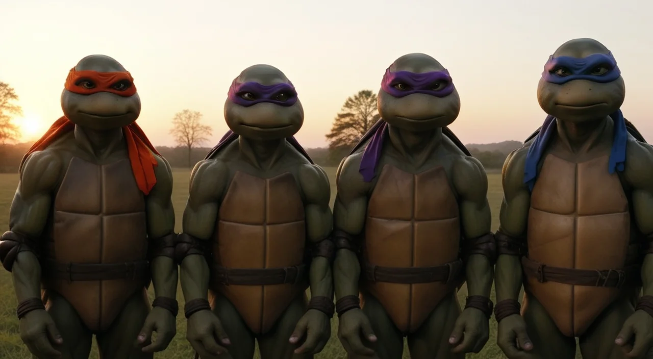full body shot, group, TMNTGroup, a group of four teenage mutant ninja turtles, with red and blue and orange and purple bandana masks with eye-holes, standing in a field at sunset with trees in the background and a sky in the background, <lora:TMNT_Turtles_AIO_SDXL-000009:1>