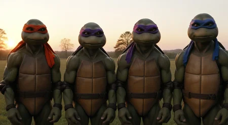 full body shot, group, TMNTGroup, a group of  four teenage mutant ninja turtles, with red and blue and orange and purple bandana masks with eye-holes, standing in a field at sunset with trees in the background and a sky in the background, <lora:TMNT_Turtles_AIO_SDXL-000009:1>