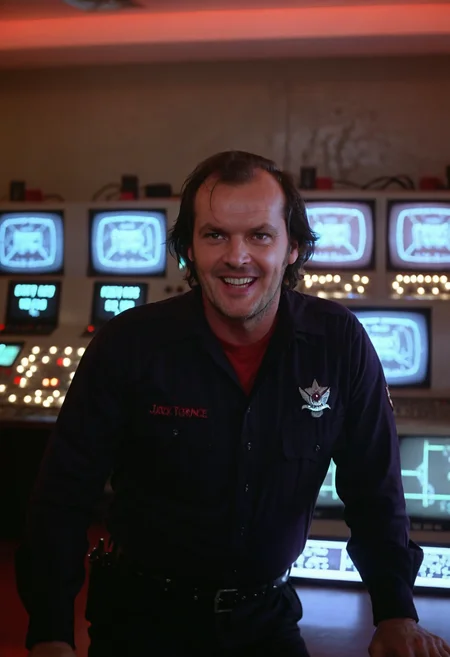 ControlRoom Shin1ng, consoles, lights, screens, neon lights, Jack Torrance, man, wearing uniform, evil grin, indoors, highly detailed, 4K, ((bright, 35mm photo, grainy))