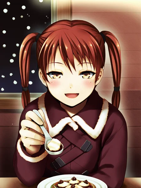 score_9, score_8_up, score_7_up, score_anime, rating_explicit, uncensored, BREAK 1girl, <lora:Ran_Theoria_PDXLv0.1:0.8> ran_theoria, coat, snowing, upper body, <lora:incoming-spoon-ponyxl-lora-nochekaiser:1> incoming food, spoon, holding, holding spoon, food, looking at viewer, open mouth, blush, smile, restaurant, plate, hand up, abe yoshitoshi style