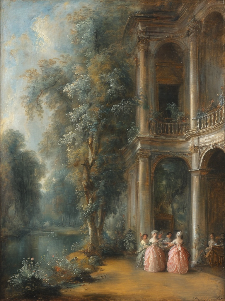 masterpiece,best quality,<lora:tbh124-sdxl:0.7>,indoors,palace,rococo,oil painting,style of Jean-Antoine Watteau,