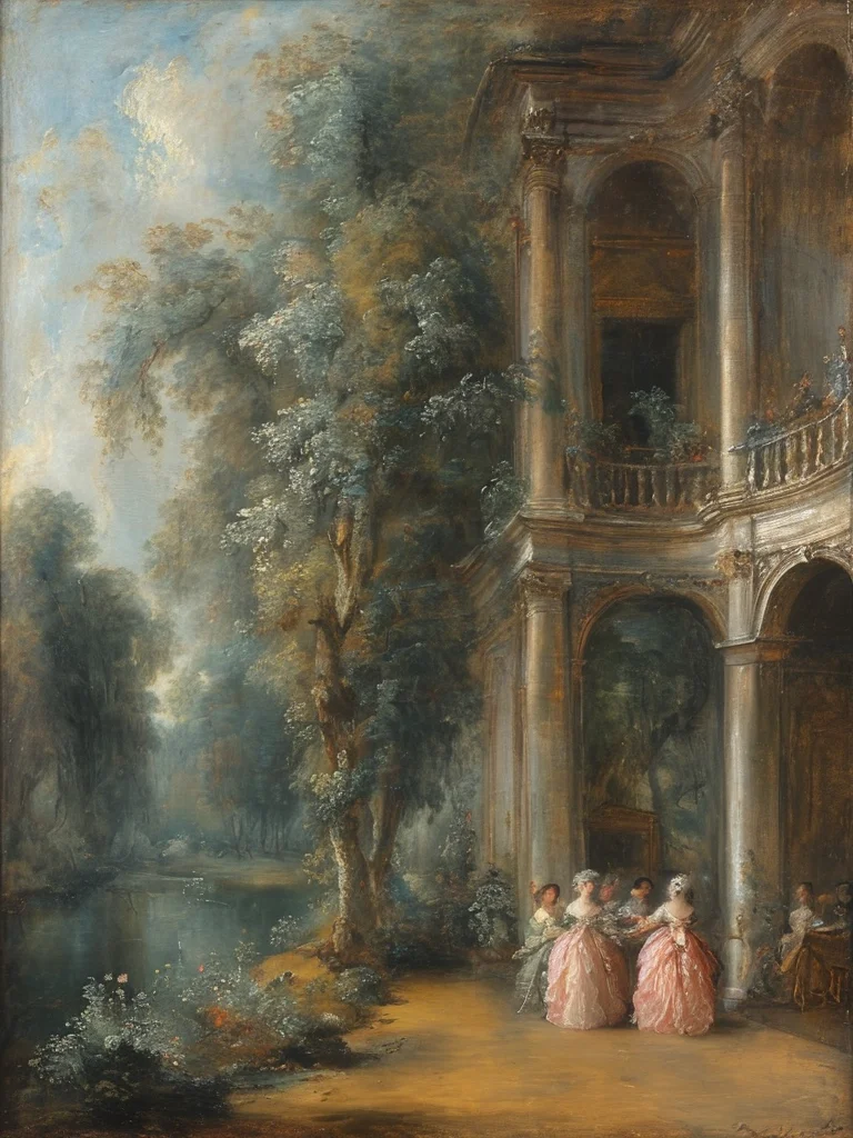 masterpiece,best quality,<lora:tbh124-sdxl:0.7>,indoors,palace,rococo,oil painting,style of Jean-Antoine Watteau,