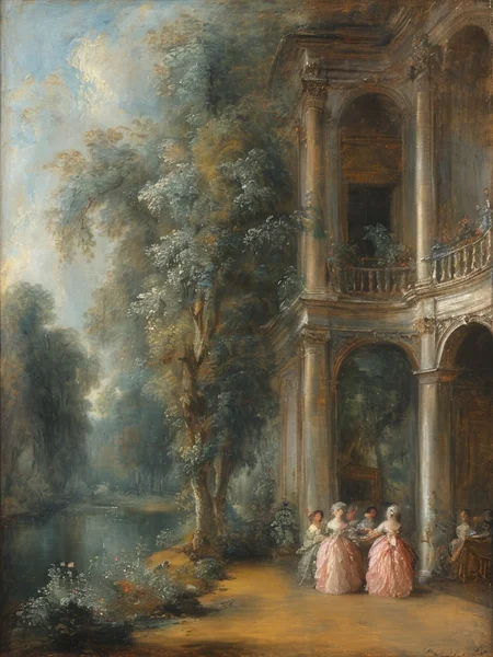 masterpiece,best quality,<lora:tbh124-sdxl:0.7>,indoors,palace,rococo,oil painting,style of Jean-Antoine Watteau,