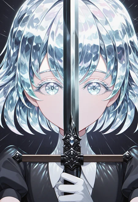 masterpiece, best quality, absurdres, highres, newest, solo, <lora:swordsalute-pose-richy-v1_ixl:1>swordup, looking at viewer, close-up, holding sword,<lora:Hoseki_LandOfTheLustrous_Diamond_IllustriousXL_v1:1> 1other, d1am0nd, white skin, crystal hair, colored eyelashes, multicolored eyes, multicolored hair, short hair, hair between eyes, black shirt, puffy short sleeves, white collared shirt, black necktie, white gloves