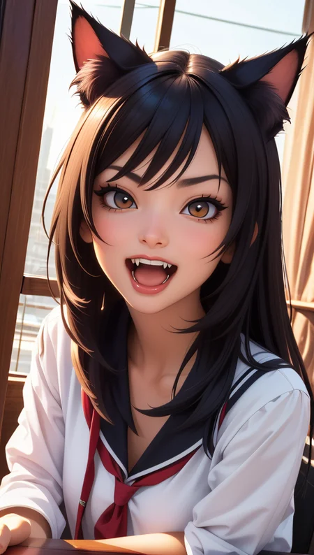 masterpiece, best quality, cat girl, open mouth, fangs,