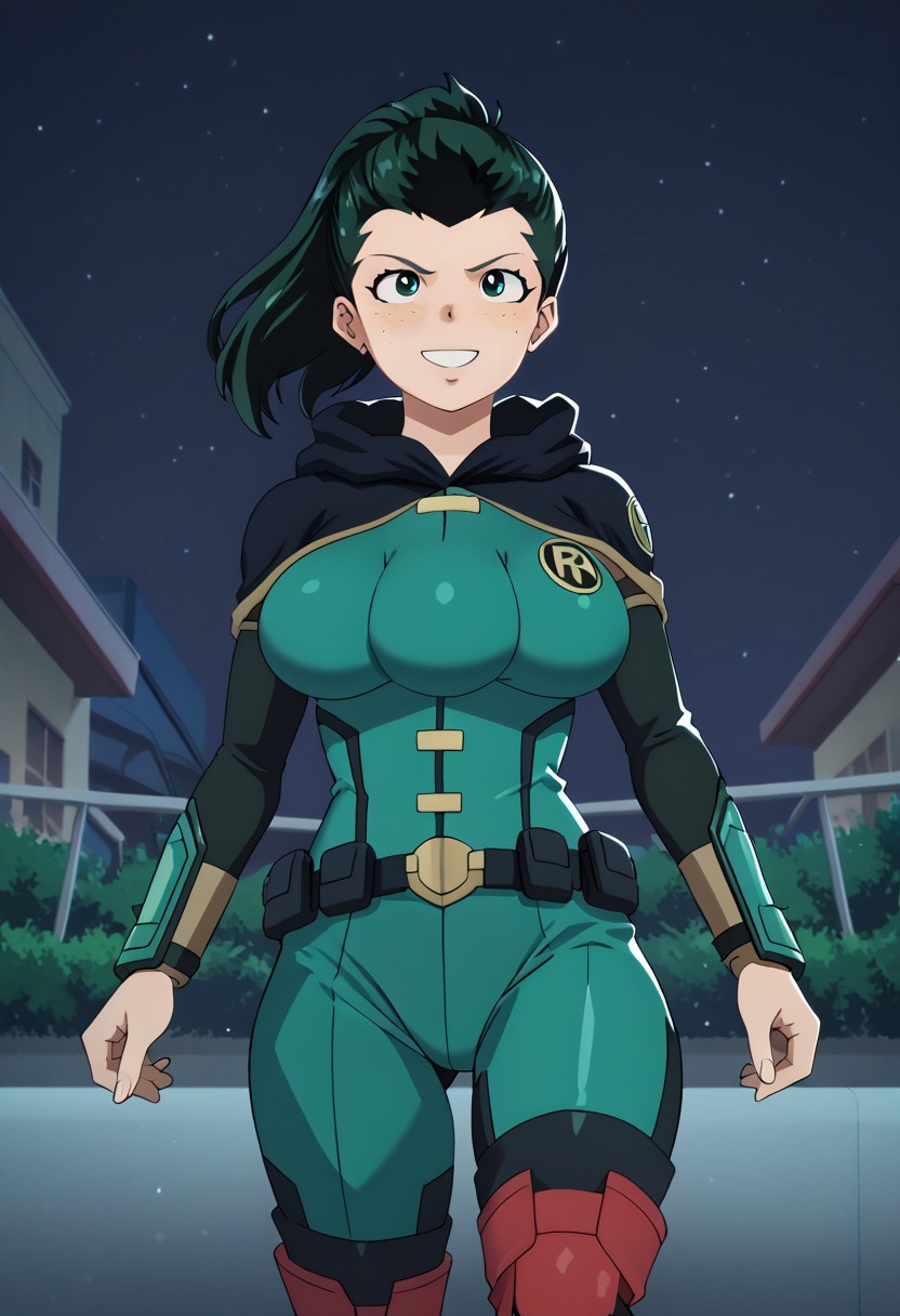 score_9,score_8_up,score_7_up,score_6_upanime BREAK (masterpiece, highest quality, 4k:1.2) , 1 girl, Izuku Midoriya, green hair, ponytail, green eyes, freckles, large breasts, three breasts, anime coloring page, mha, robin dc outfit, red boots, blue outfit, smile, background on the terrace at night.