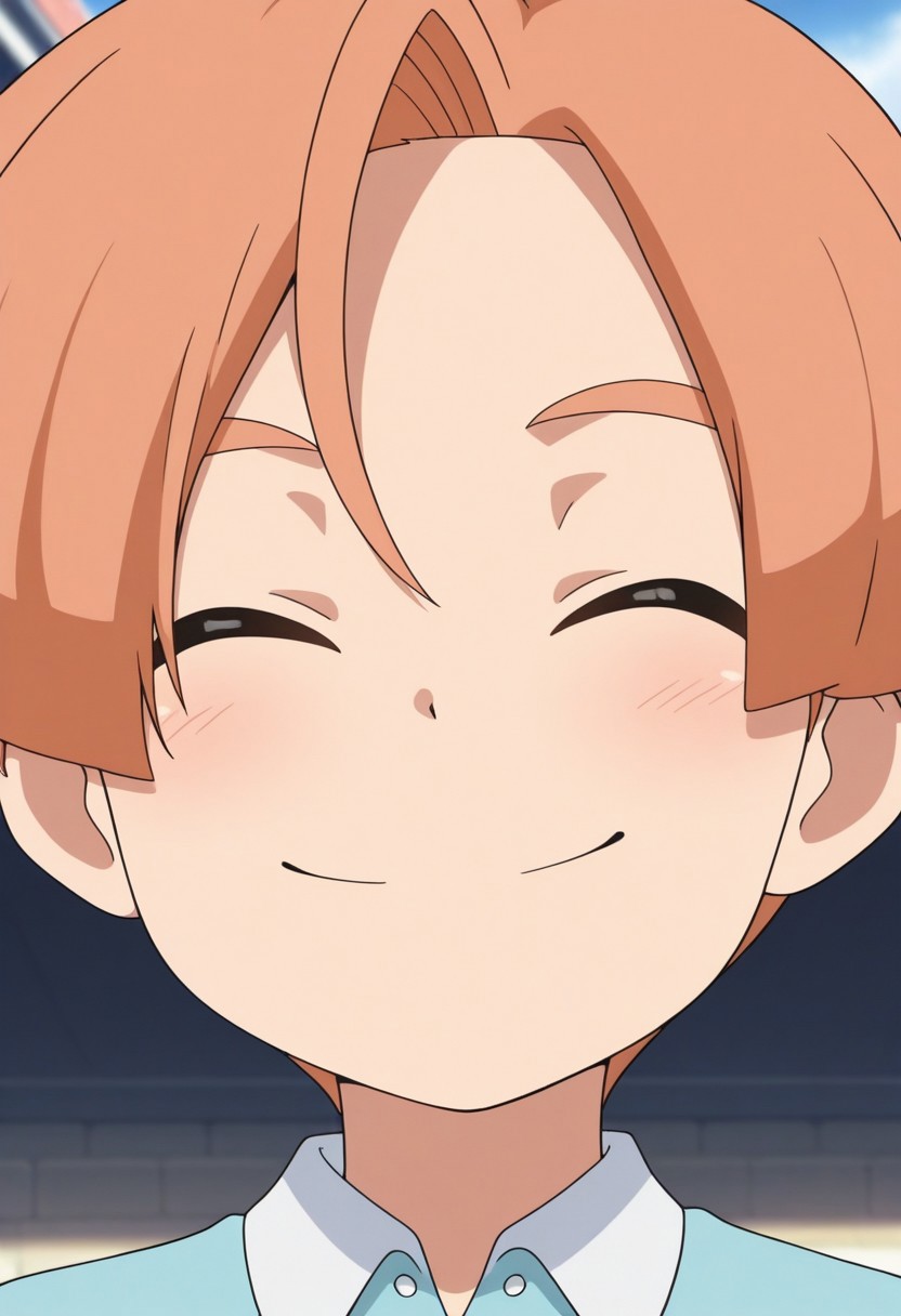 masterpiece,best quality,amazing quality, source_anime,
malikkuabel, 1boy, male focus, solo, closed eyes, orange hair, light blue shirt, collared shirt, smile, happy, portrait,
outdoor,
