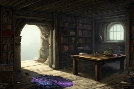 medieval, interior, medieval interior, wooden interior, table, chair, big black cauldron, shelves, books, scrolls, window covered with thin see-through animal hides, (jars filled with mysterious ingredients for brewing potions with:0.4), herbs, a small pestle and mortar, 
HD, very detailed, ambient lighting,
<lora:more_details:1> <lora:Bloodborne:0.25> ,   <lora:FantasyInteriors:0.4> fanint <lora:FantasyStudy:0.4> fanstu