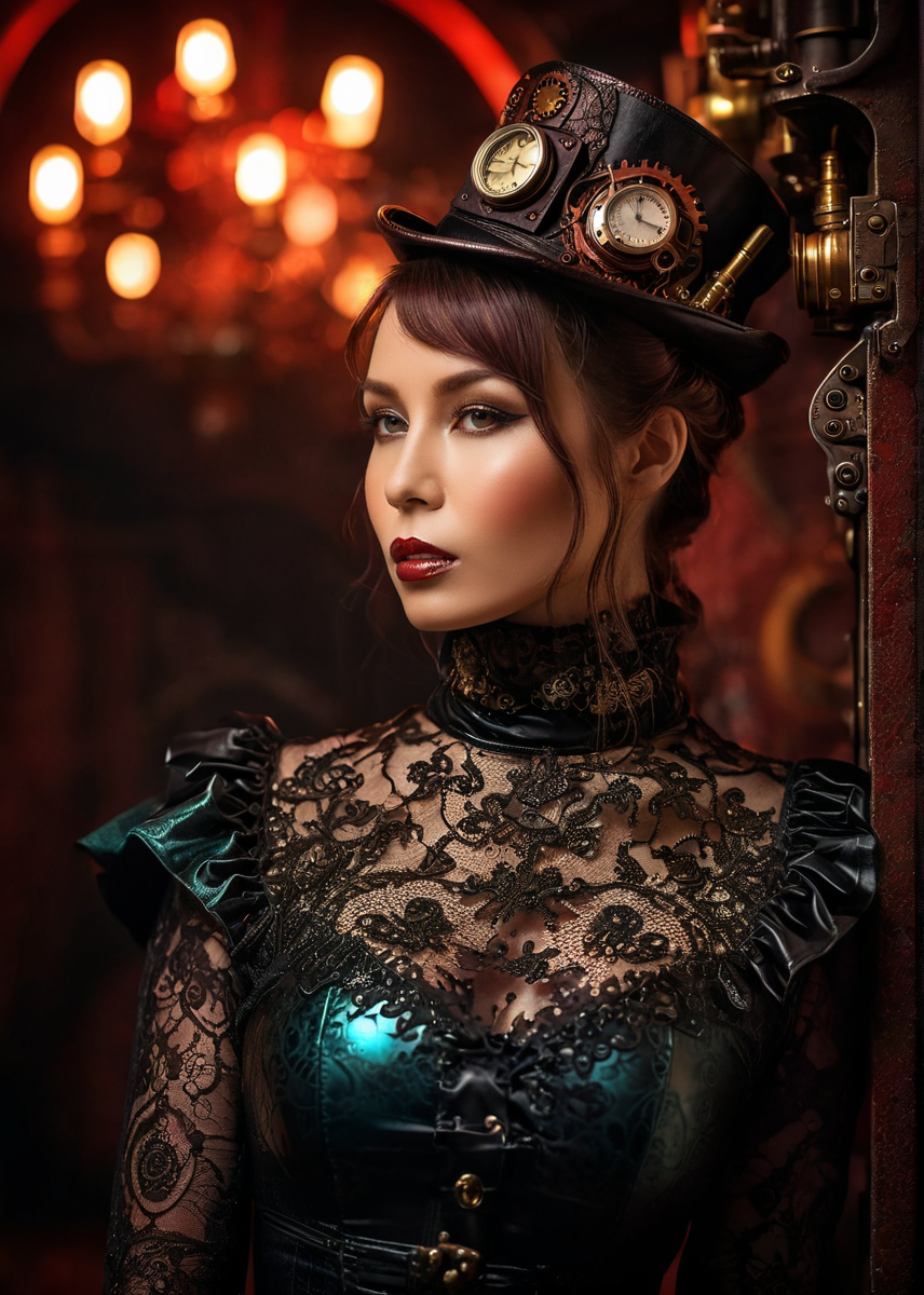 masterpiece, best quality, dark environment, (steampunk:1.5), a woman, (colored latex with lace), turtleneck, burlesque, sexy, 8K, extremely detailed, decorated clothing, dragon, bloodwave, dynamic, great lighting, perfect shading, depth of field, soft side light, very detailed glowing background, <lora:add-detail-xl:0.8> <lora:MS_Aika_Yumeno_V2_SDXL:0.8>
