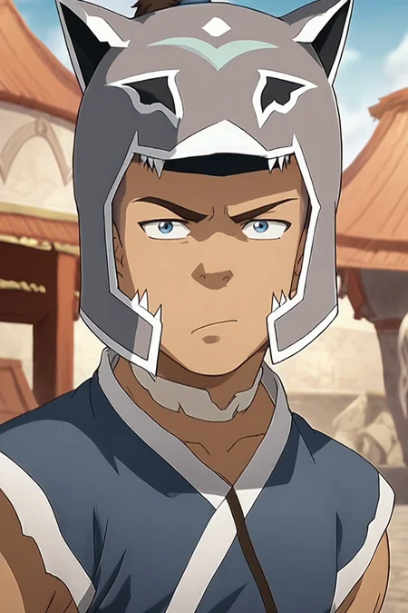score_9, score_8_up, score_7_up, <lora:sokka:0.8>, 1boy, solo, sokka, brown hair, short hair, blue eyes, water nation clothing, water nation helmet, helmet, undercut, topknot, looking at the viewer, serious, official art, official style, flat color, anime screencap, outdoors,