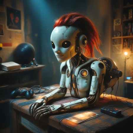 Photo of Hyperrealistic art: Wonderful, intricate, and colorful. This artwork draws from the rich palette and dark, grungy backgrounds of the Dutch Golden Age to evoke nostalgia and decay. At the same time, its bright tea and strong shadows add depth. Influenced by Roy Lichtenstein's bold colors and distorted imagery, it features a center-stage, oversized vintage plush toy with glossy eyes and metallic arms, exuding an eerie aura from its weathered appearance. Beneath it lies a Scottish rug with deep crimson hues, merging Scottish and Indian artistry. The cozy bedroom reflects an artist and gamer's world with an illustrator’s desk, graphic novels, video games like The Legend of Zelda and Cyberpunk 2077, sci-fi plushies, and gaming memorabilia. A bed with soft blankets, a dresser, mood lighting, a 65-inch TV, and a leather recliner complete the intimate, balanced space. A weathered brick wall with cracks and chipped mortar covered in a fine dust layer. She was smiling, happy. The room is reflected in the toy's large eyes—ray tracing.
easynegative, FastNegativeV2, CyberRealistic_Negative, reelmech, mechanical parts, cable, wires, machinery, joints, body suit, toy_face